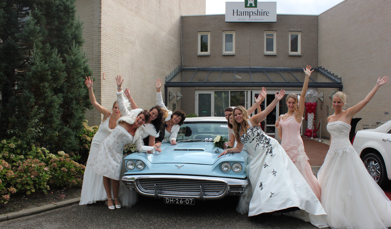 Vrolijk bruiloftsgezelschap poseert lachend rond de Ford Thunderbird 1959.